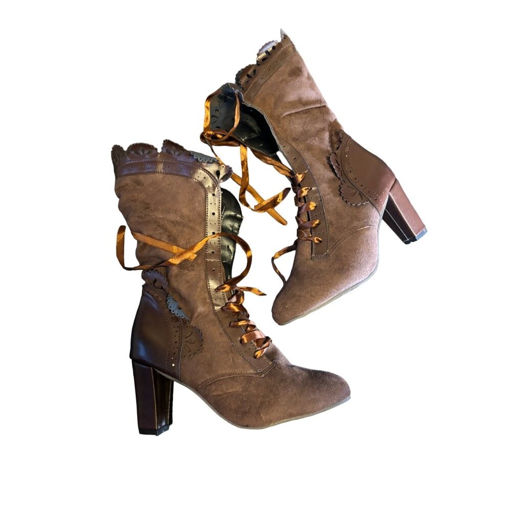 Victorian Style Lace-Up High Heel Boots Brown Women's Size 8
